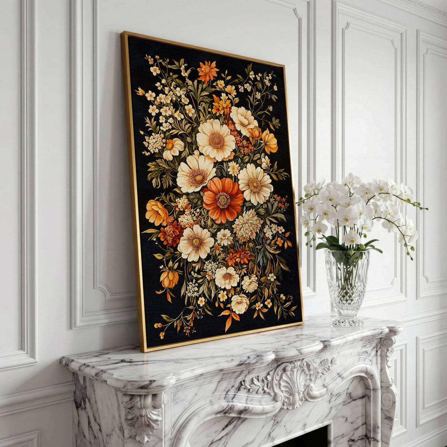 William Morris Floral Canvas Print in Sienna and Olive in yellow gold floating frame