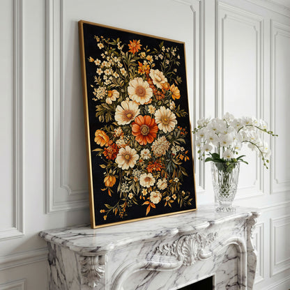 William Morris Floral Canvas Print in Sienna and Olive in yellow gold floating frame