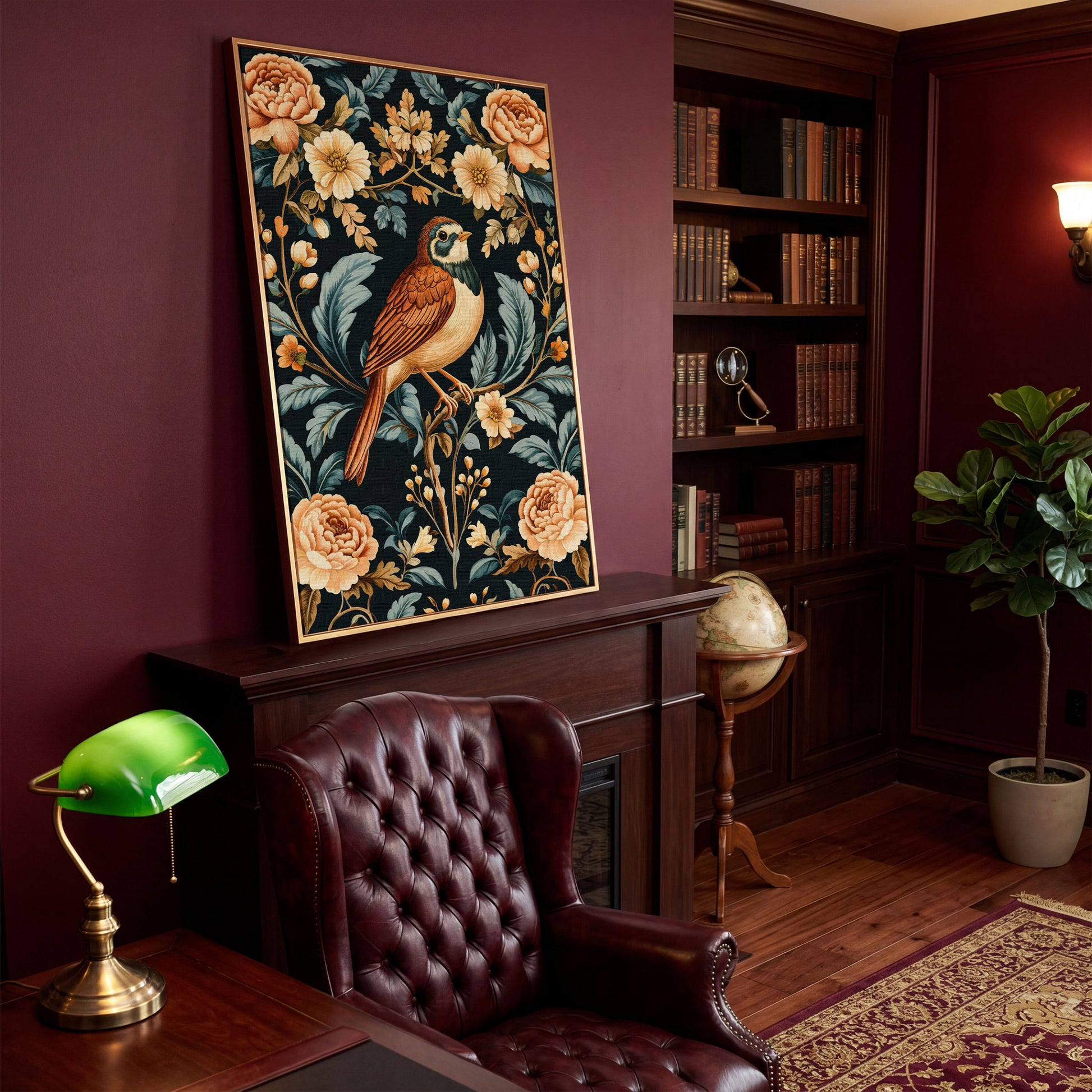 Bird and Floral Botanical Canvas Print in antique gold floating frame