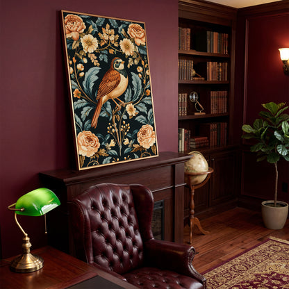 Bird and Floral Botanical Canvas Print in antique gold floating frame