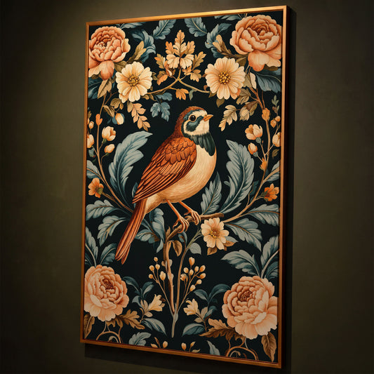 Bird and Floral Botanical Canvas Print shown in antique gold floating frame