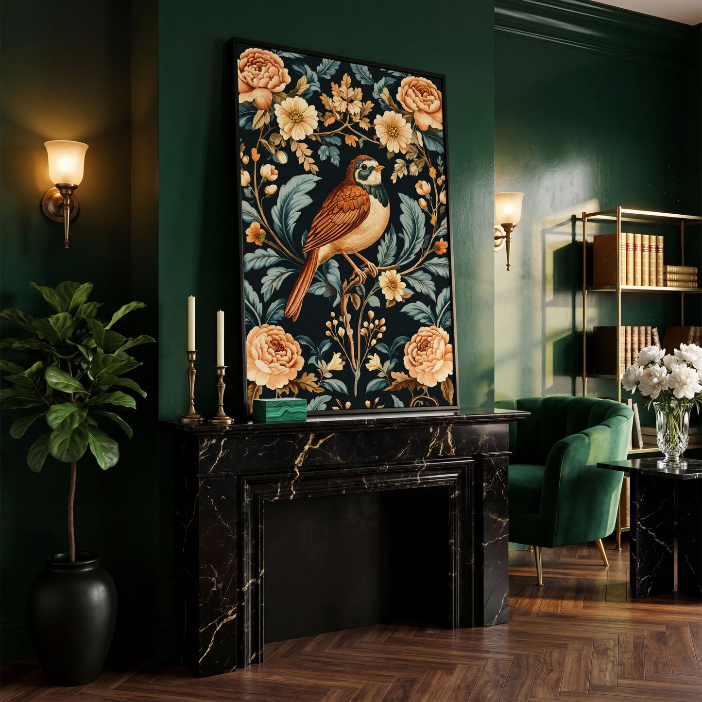 Bird and Floral Botanical Canvas Print in black floating frame