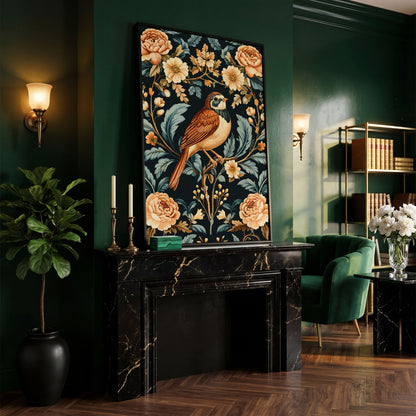 Bird and Floral Botanical Canvas Print in black floating frame