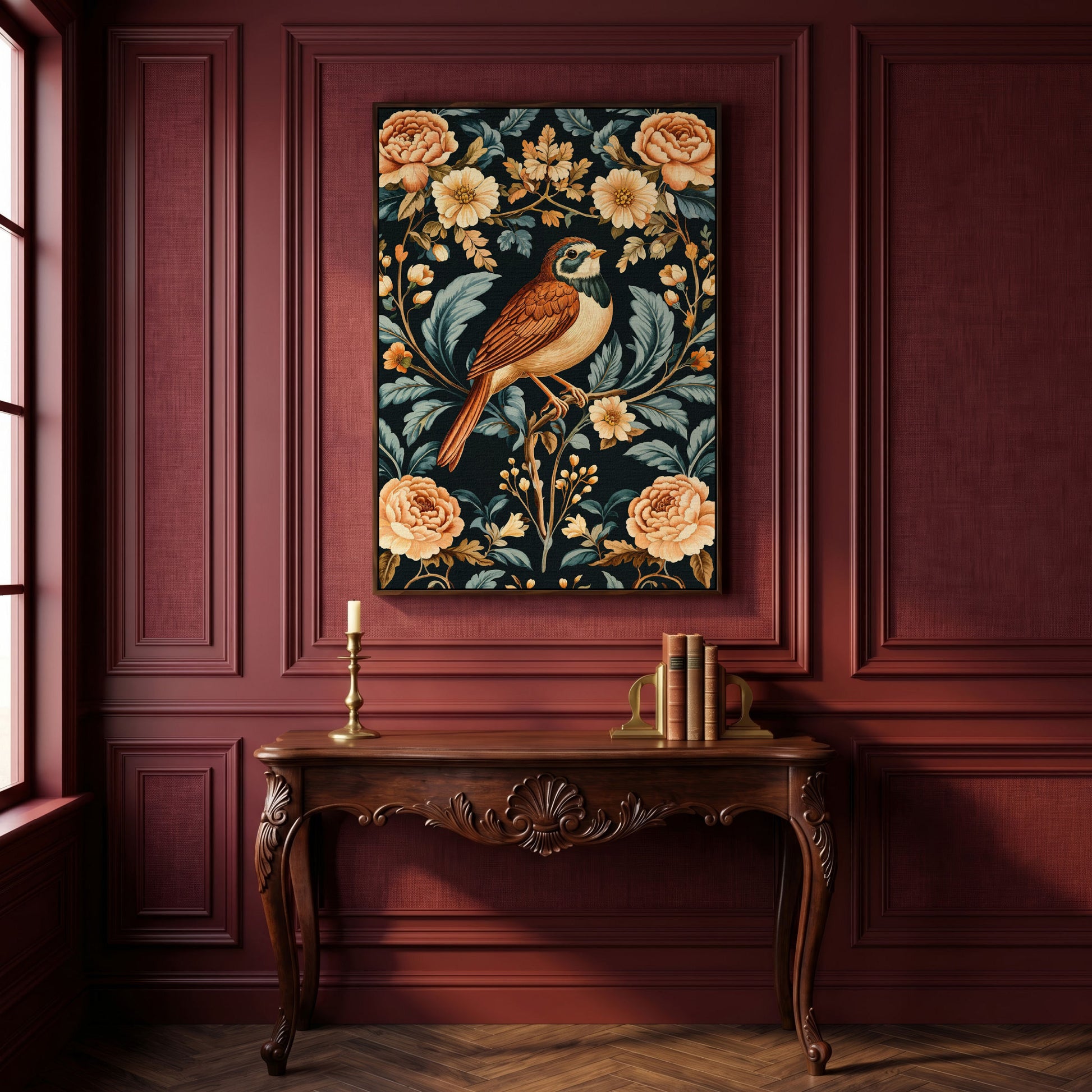 Bird and Floral Botanical Canvas Print in dark walnut floating frame