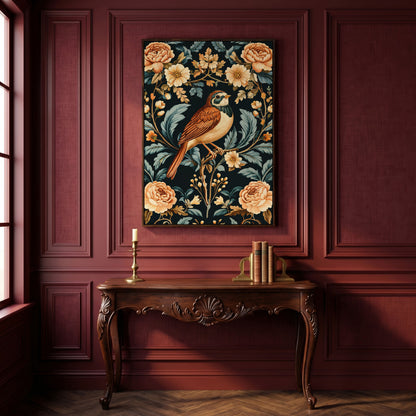 Bird and Floral Botanical Canvas Print in dark walnut floating frame
