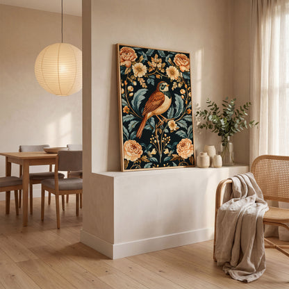 Bird and Floral Botanical Canvas Print in white oak floating frame