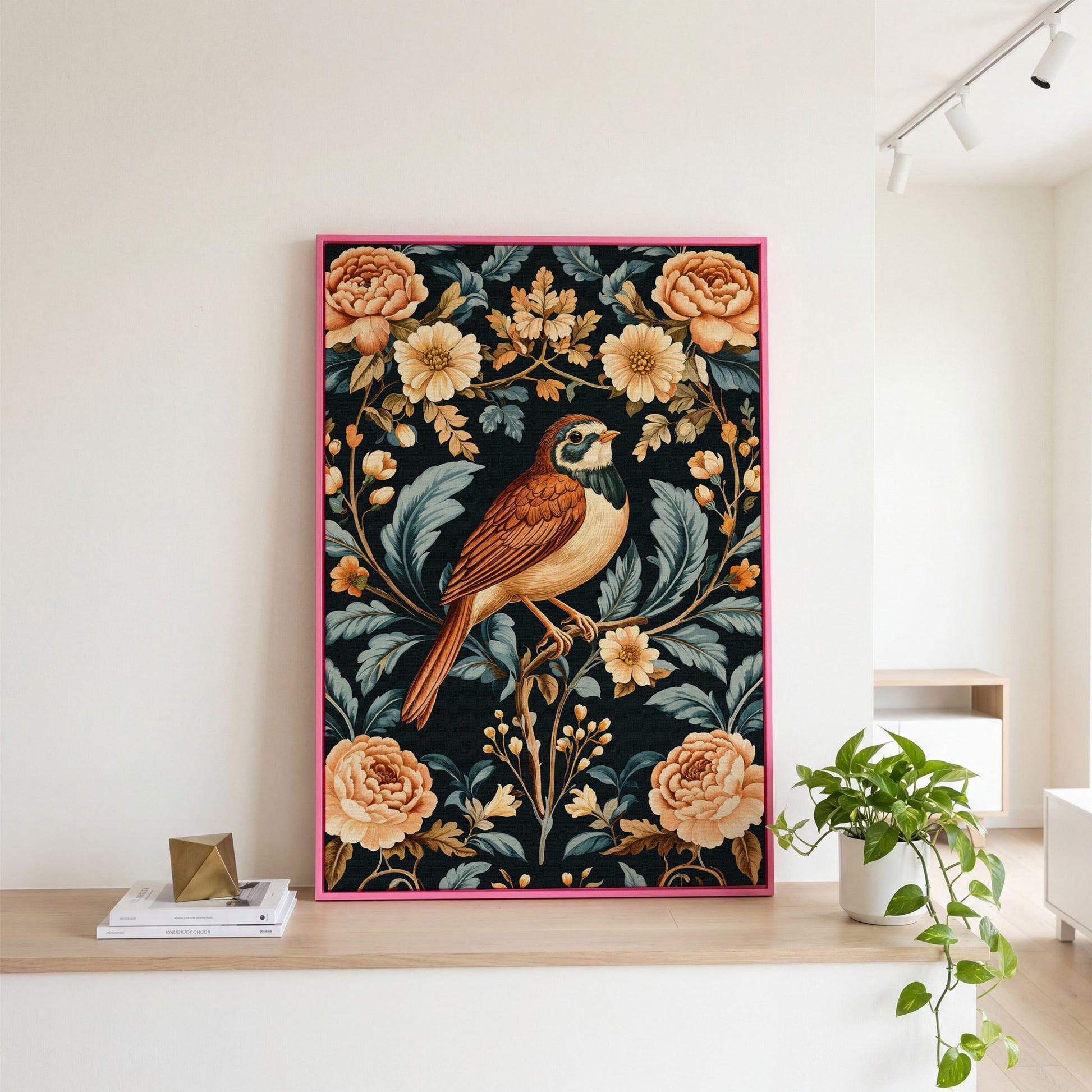 Bird and Floral Botanical Canvas Print in pink floating frame