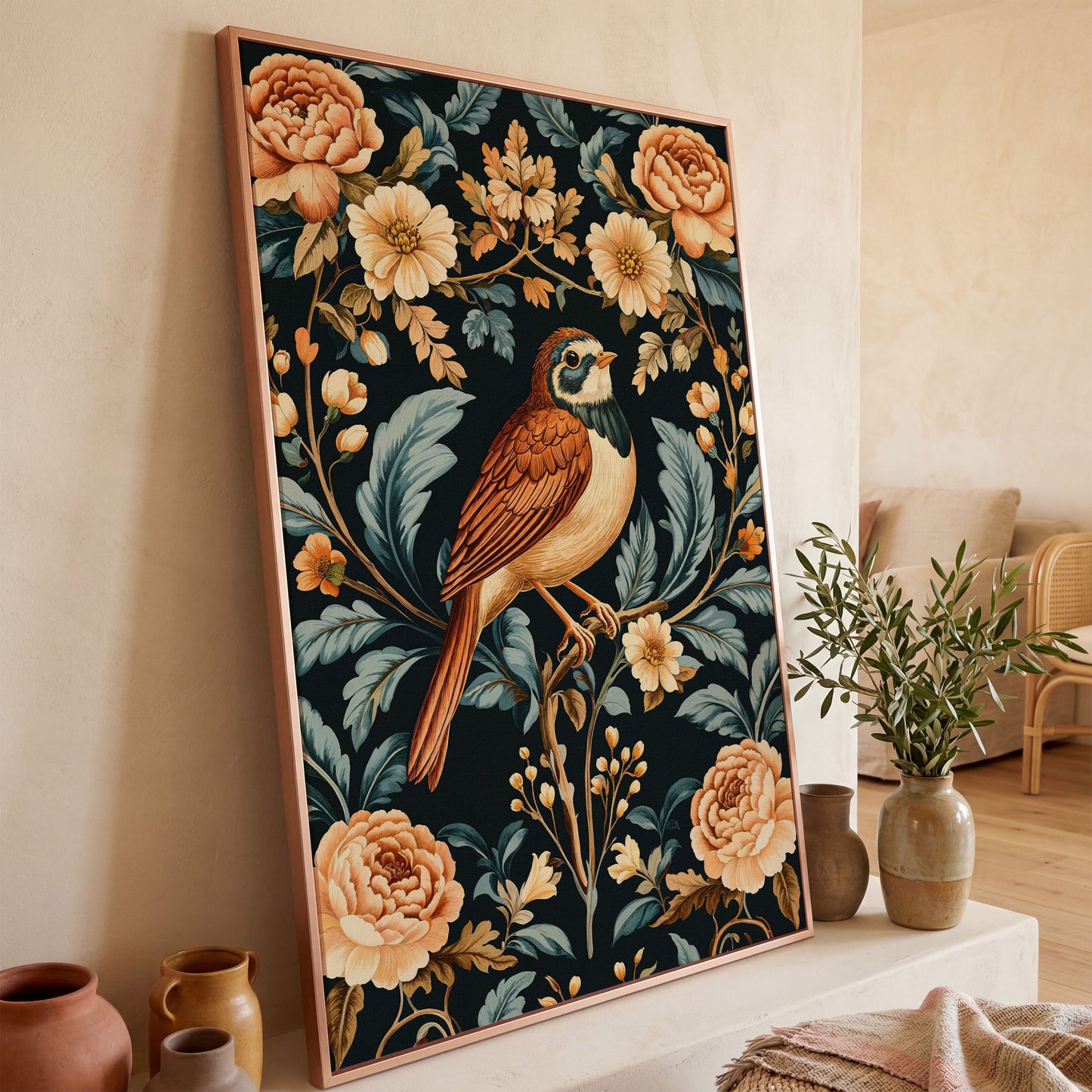 Bird and Floral Botanical Canvas Print in rose gold floating frame