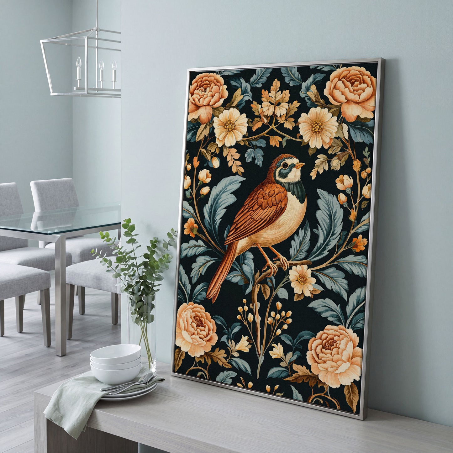 Bird and Floral Botanical Canvas Print in silver floating frame