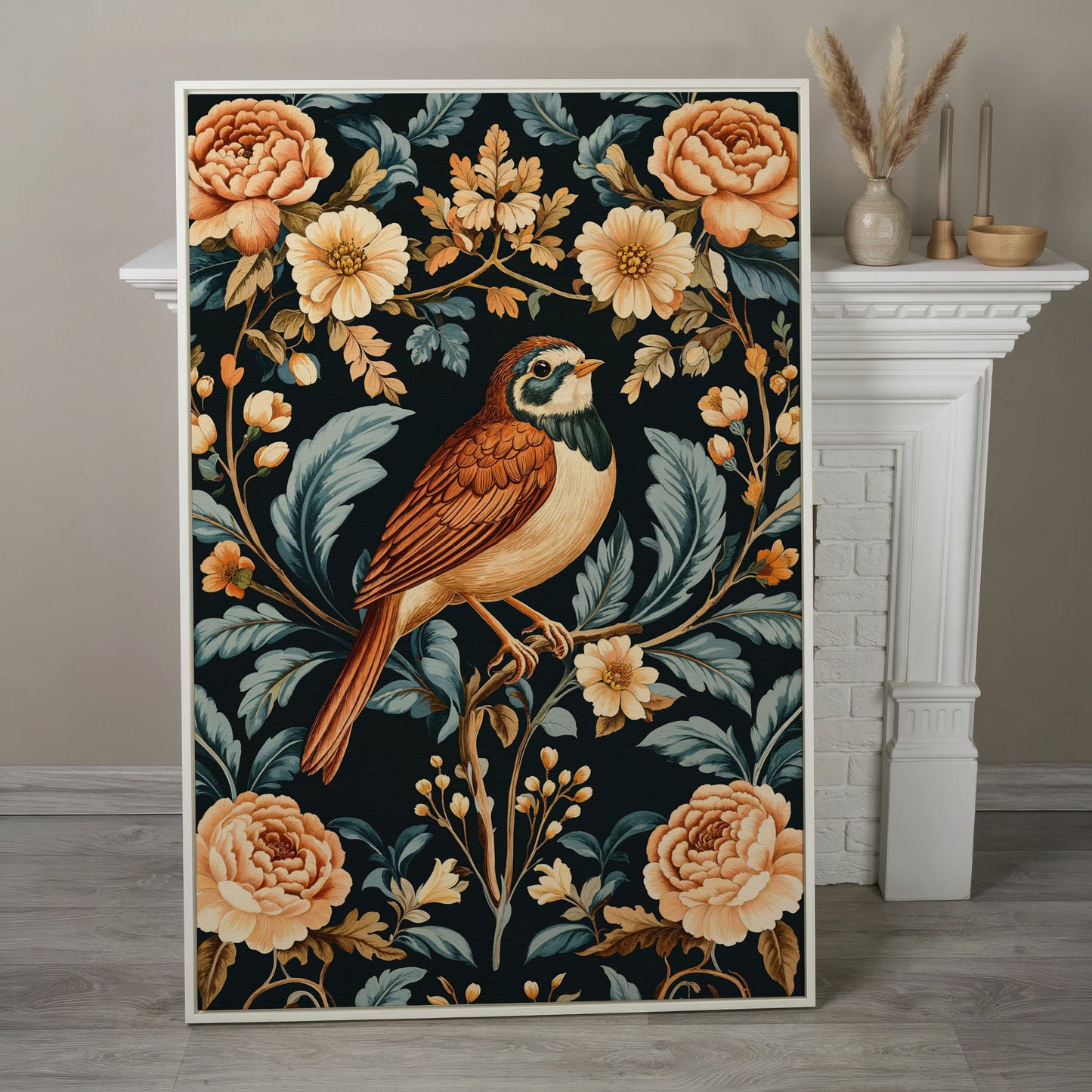 Bird and Floral Botanical Canvas Print in white floating frame