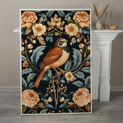 Bird and Floral Botanical Canvas Print in white floating frame