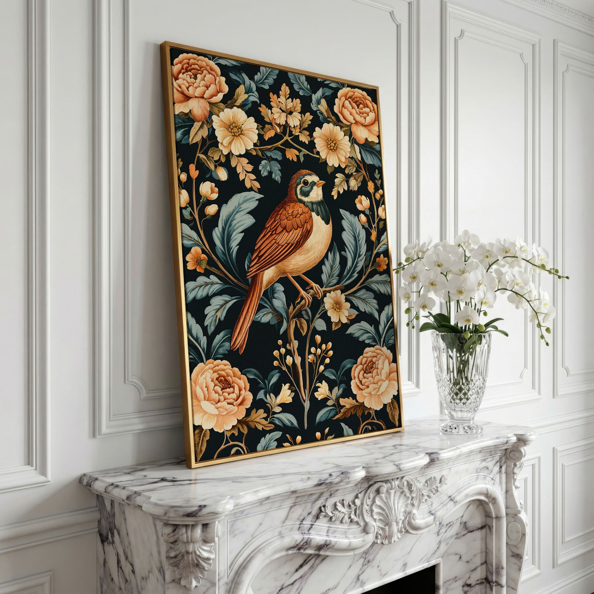 Bird and Floral Botanical Canvas Print in yellow gold floating frame