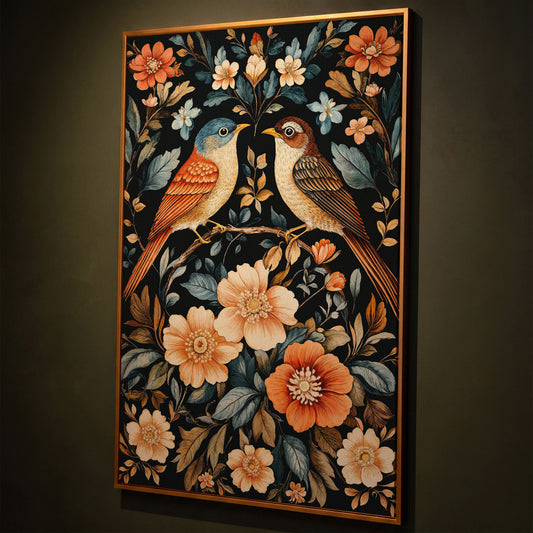 Vintage Bird & Botanical Canvas Print shown in antique gold floating frame