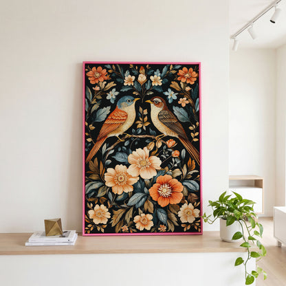 Vintage Bird & Botanical Canvas Print in pink floating frame