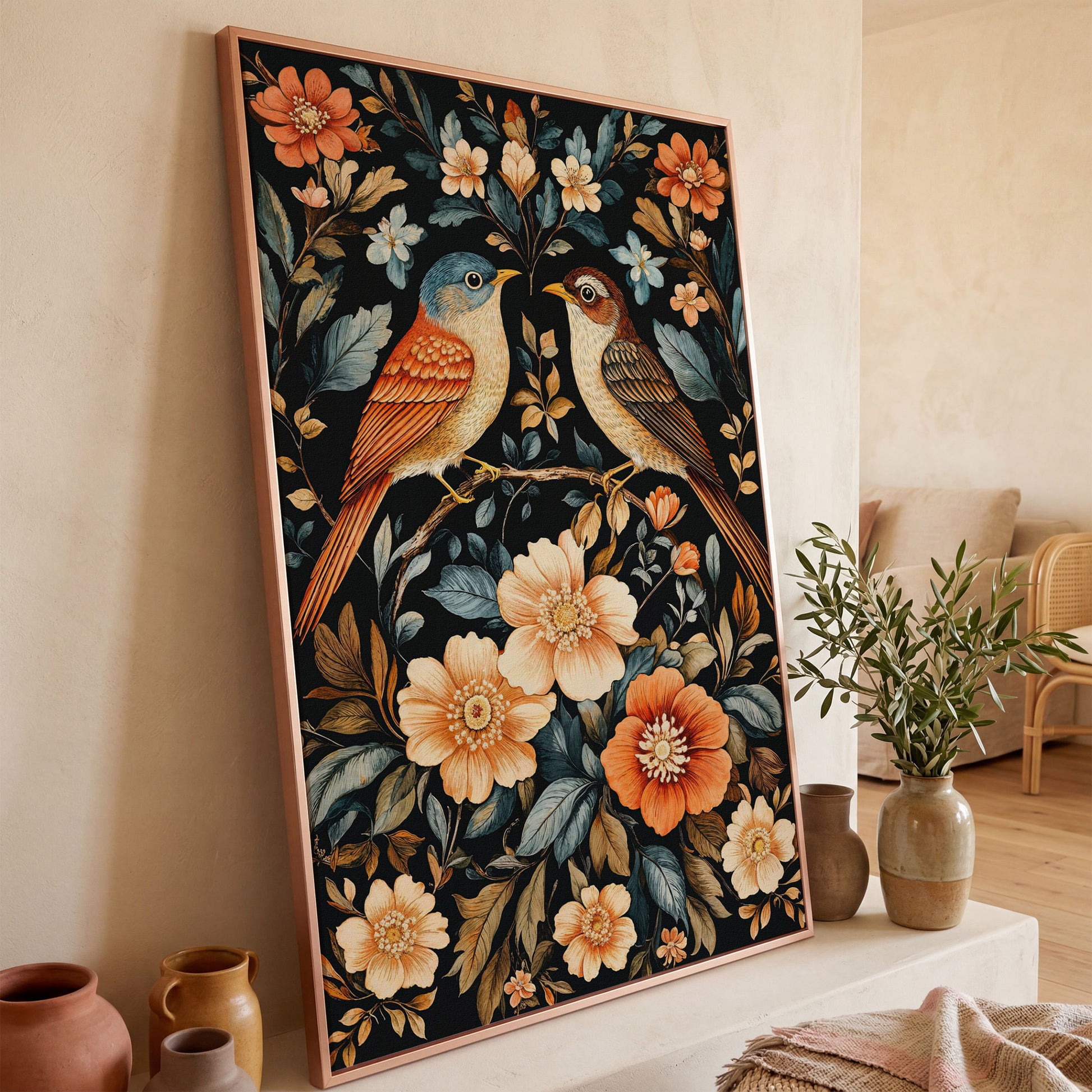Vintage Bird & Botanical Canvas Print in rose gold floating frame