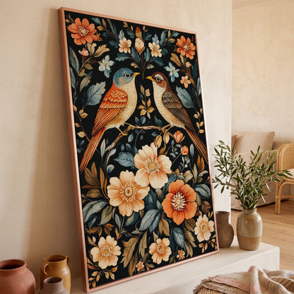 Vintage Bird & Botanical Canvas Print in rose gold floating frame