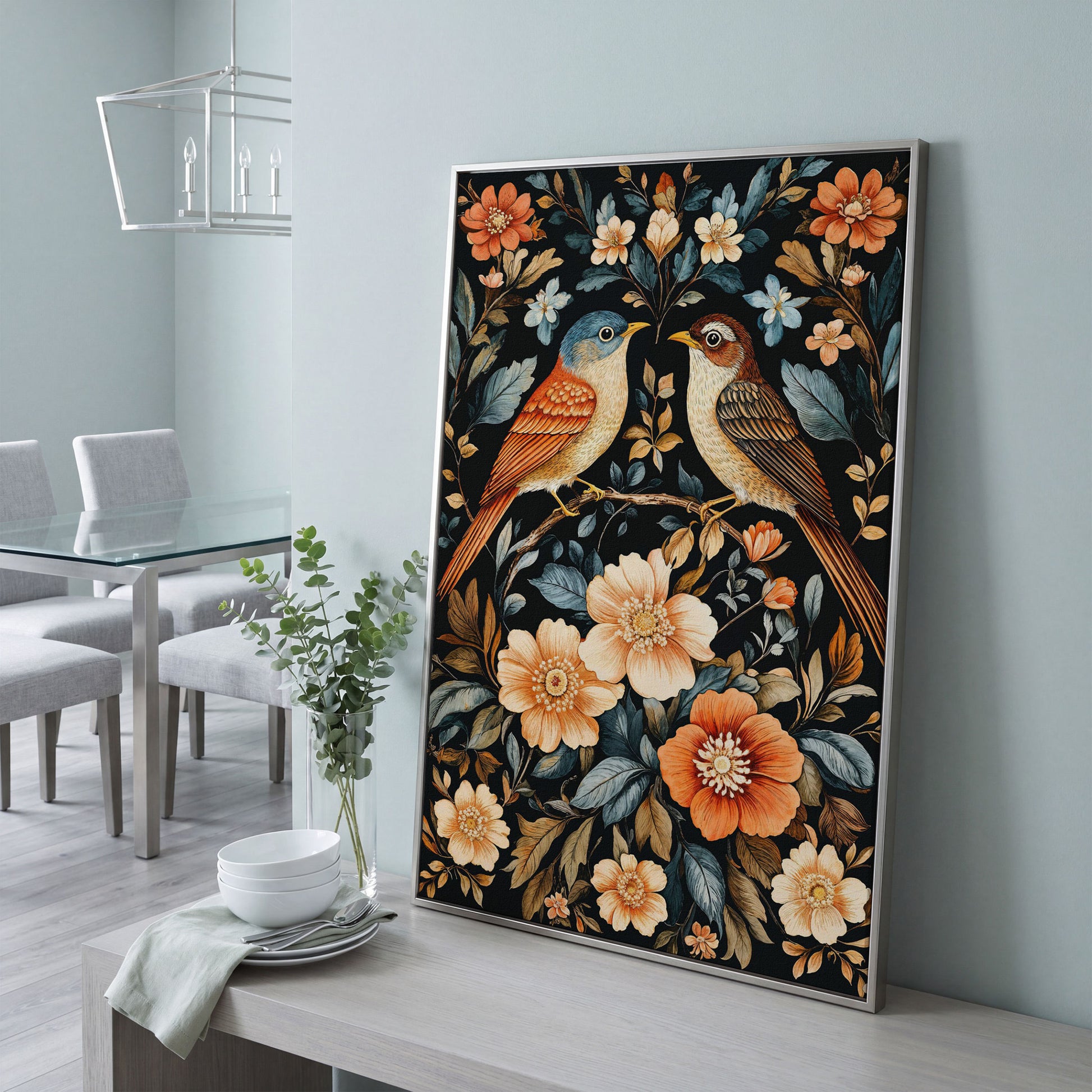 Vintage Bird & Botanical Canvas Print in silver floating frame