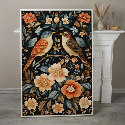 Vintage Bird & Botanical Canvas Print in white floating frame