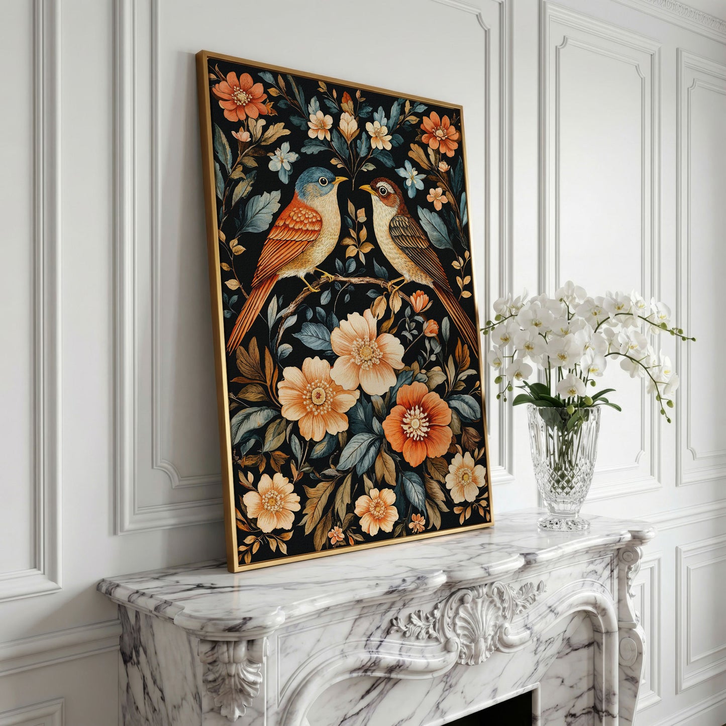 Vintage Bird & Botanical Canvas Print in yellow gold floating frame