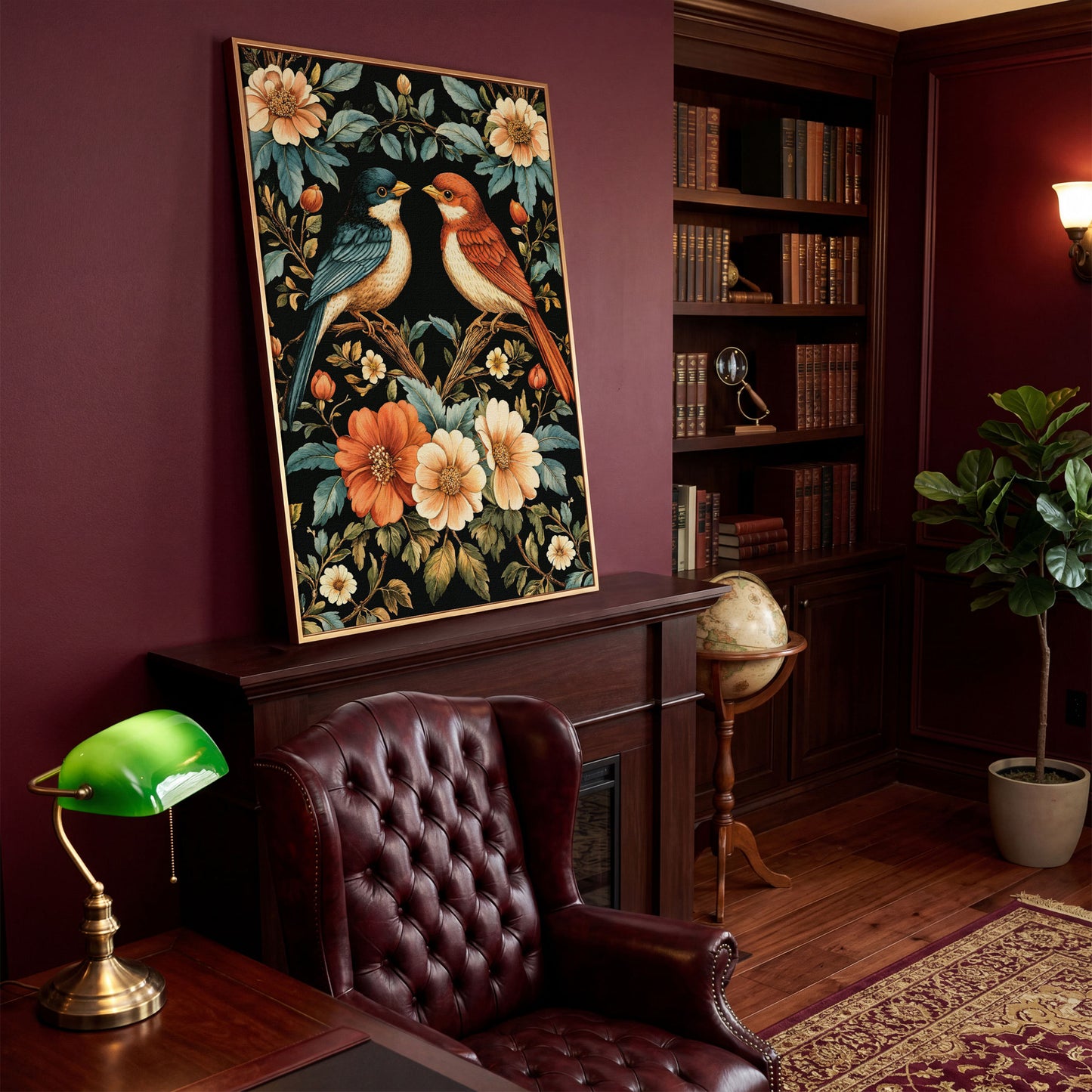 William Morris Bird Canvas Print with Teal & Orange Botanicals in antique gold floating frame