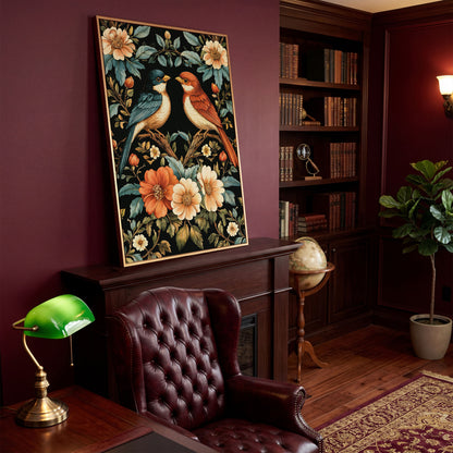 William Morris Bird Canvas Print with Teal & Orange Botanicals in antique gold floating frame