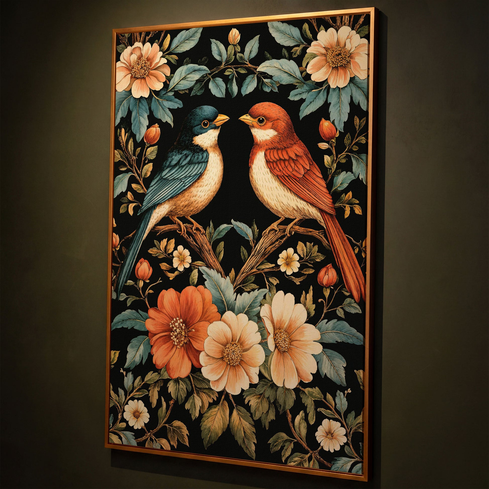 William Morris Bird Canvas Print with Teal & Orange Botanicals shown in antique gold floating frame