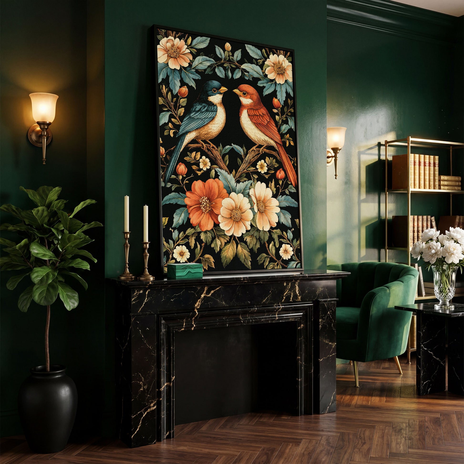 William Morris Bird Canvas Print with Teal & Orange Botanicals in black floating frame