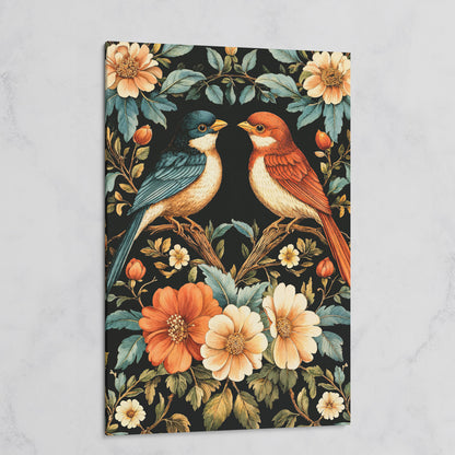 William Morris Bird Canvas Print with Teal & Orange Botanicals on gallery wrap
