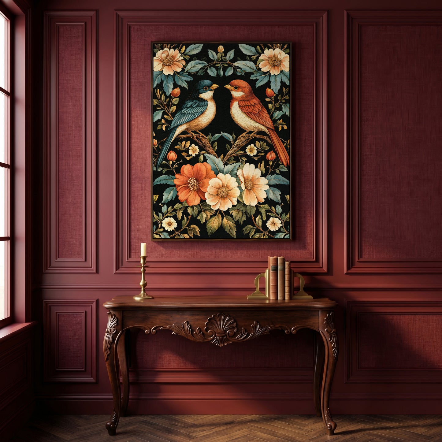 William Morris Bird Canvas Print with Teal & Orange Botanicals in dark walnut floating frame