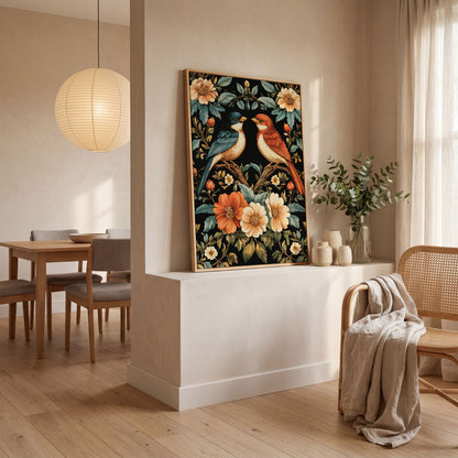 William Morris Bird Canvas Print with Teal & Orange Botanicals in white oak floating frame