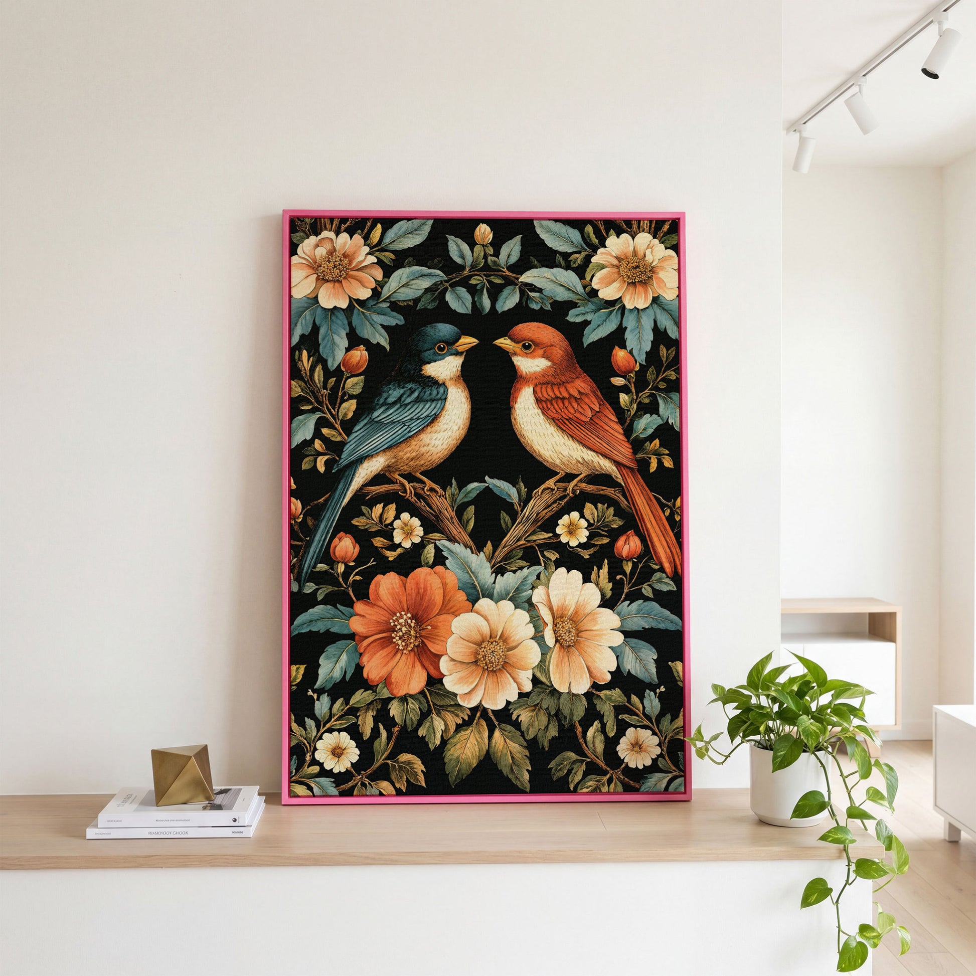 William Morris Bird Canvas Print with Teal & Orange Botanicals in pink floating frame