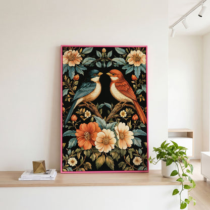 William Morris Bird Canvas Print with Teal & Orange Botanicals in pink floating frame