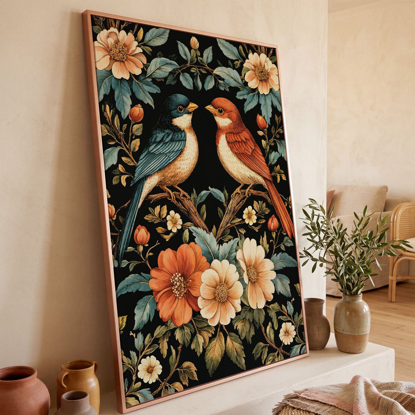 William Morris Bird Canvas Print with Teal & Orange Botanicals in rose gold floating frame