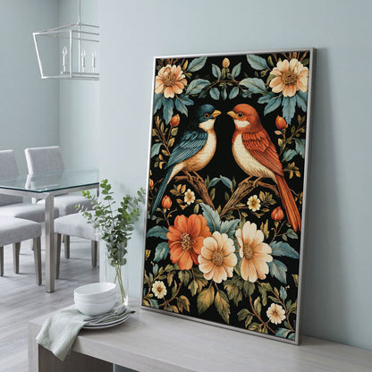 William Morris Bird Canvas Print with Teal & Orange Botanicals in silver floating frame