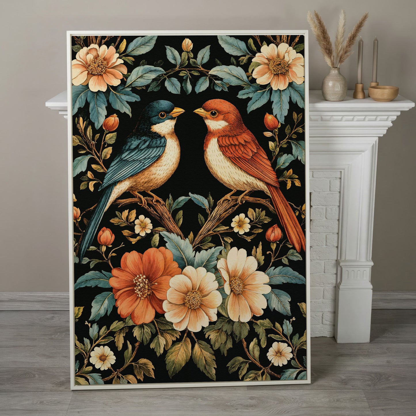 William Morris Bird Canvas Print with Teal & Orange Botanicals in white floating frame