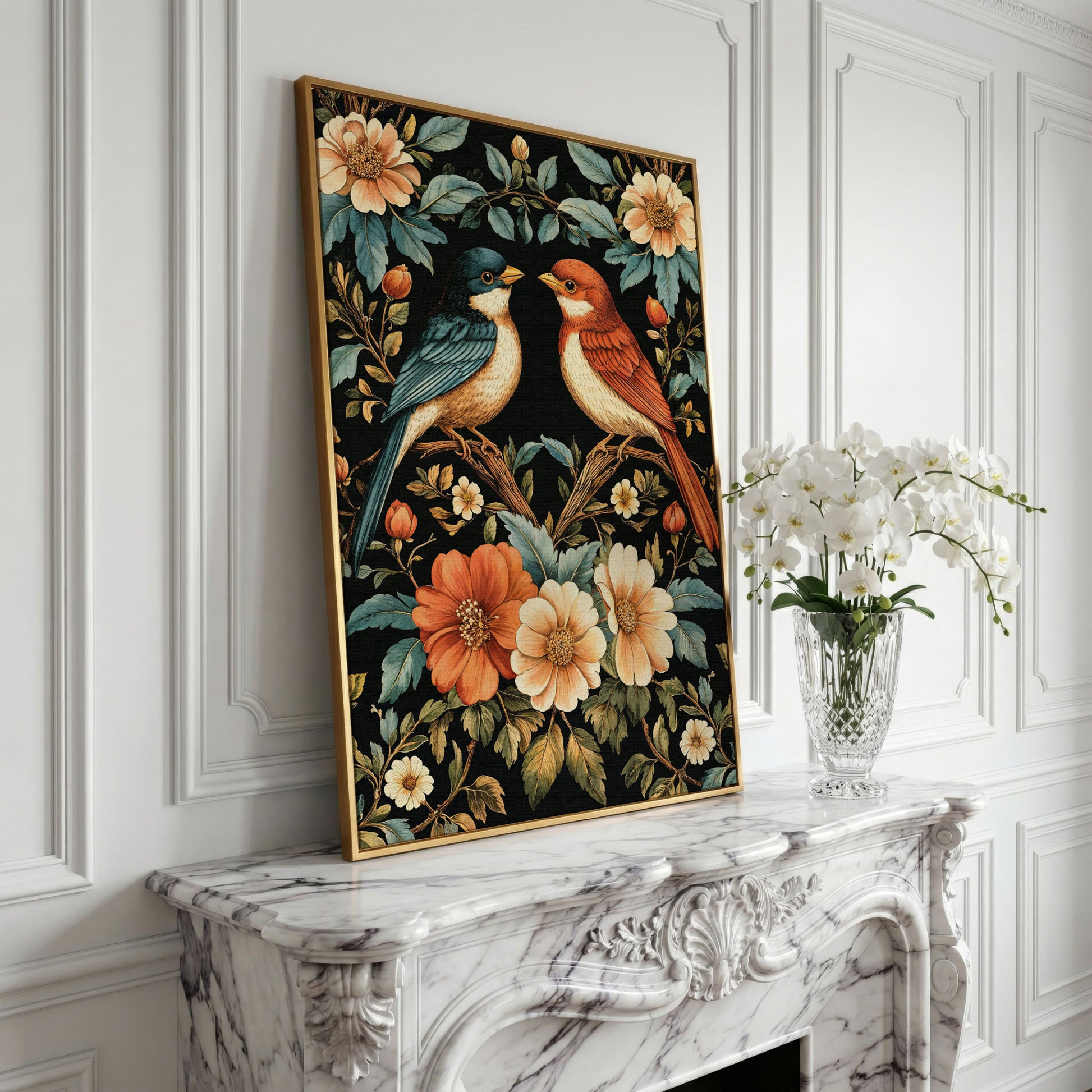 William Morris Bird Canvas Print with Teal & Orange Botanicals in yellow gold floating frame