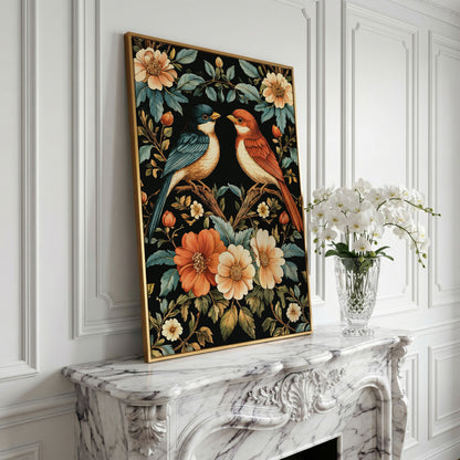 William Morris Bird Canvas Print with Teal & Orange Botanicals in yellow gold floating frame