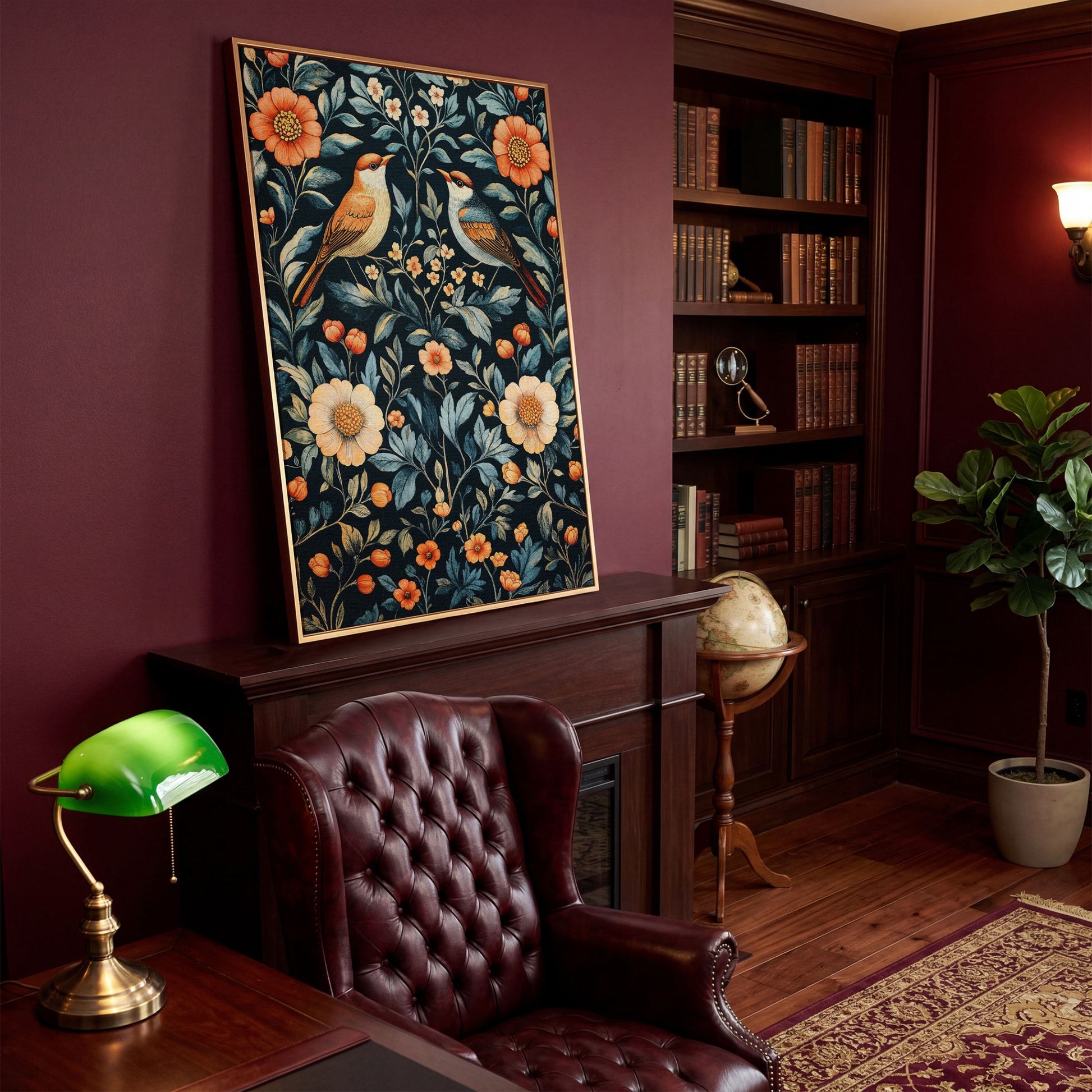 William Morris Bird & Floral Canvas Print in antique gold floating frame