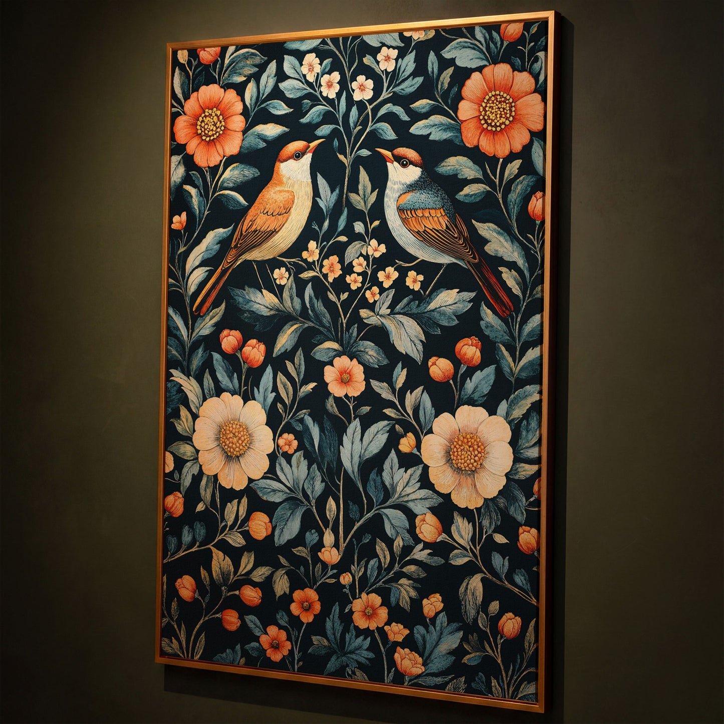 William Morris Bird & Floral Canvas Print shown in antique gold floating frame