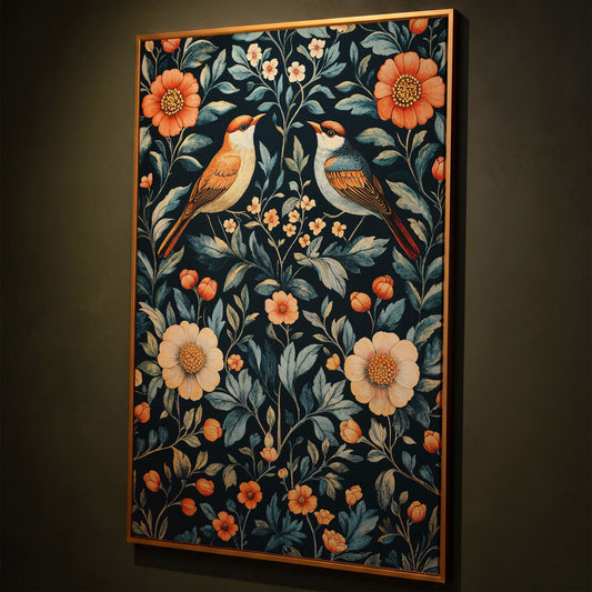 William Morris Bird & Floral Canvas Print shown in antique gold floating frame