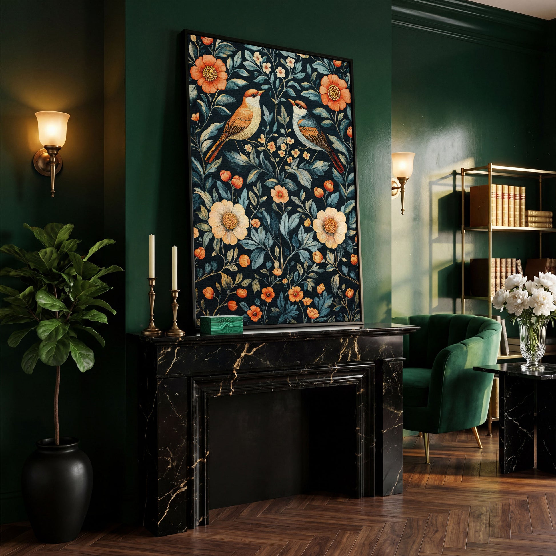 William Morris Bird & Floral Canvas Print in black floating frame