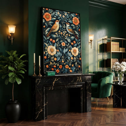 William Morris Bird & Floral Canvas Print in black floating frame