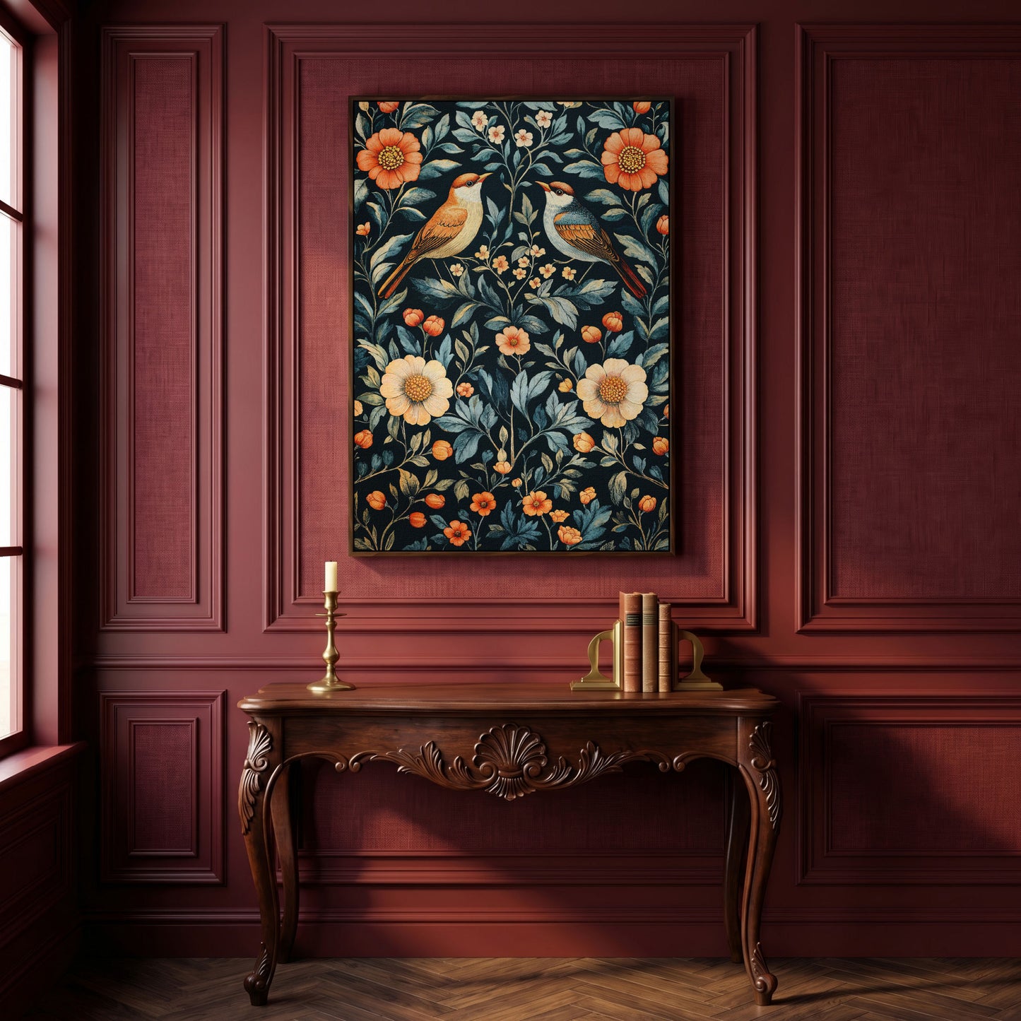 William Morris Bird & Floral Canvas Print in dark walnut floating frame