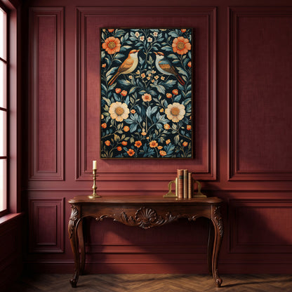 William Morris Bird & Floral Canvas Print in dark walnut floating frame