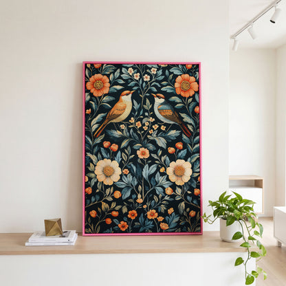 William Morris Bird & Floral Canvas Print in pink floating frame