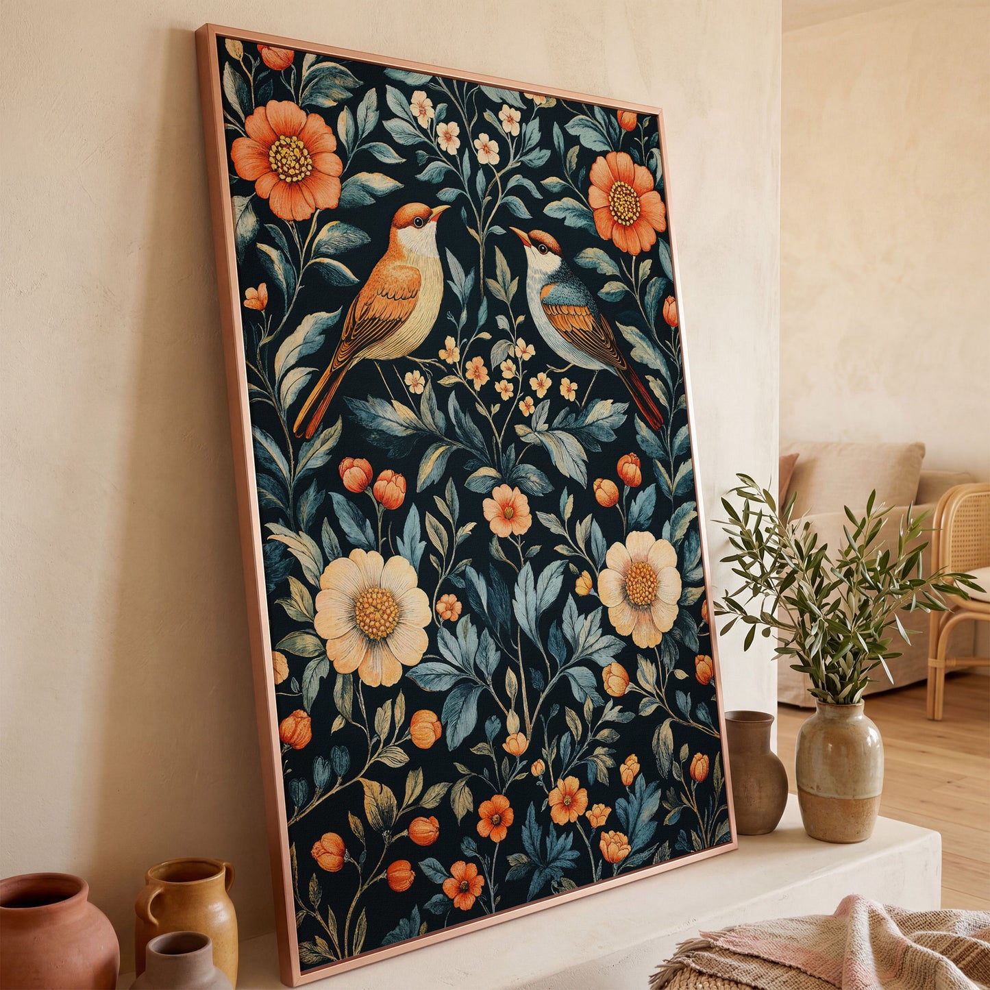 William Morris Bird & Floral Canvas Print in rose gold floating frame