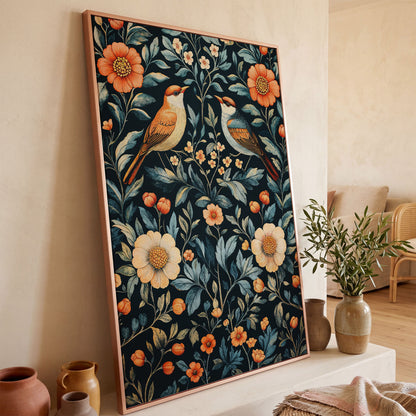 William Morris Bird & Floral Canvas Print in rose gold floating frame