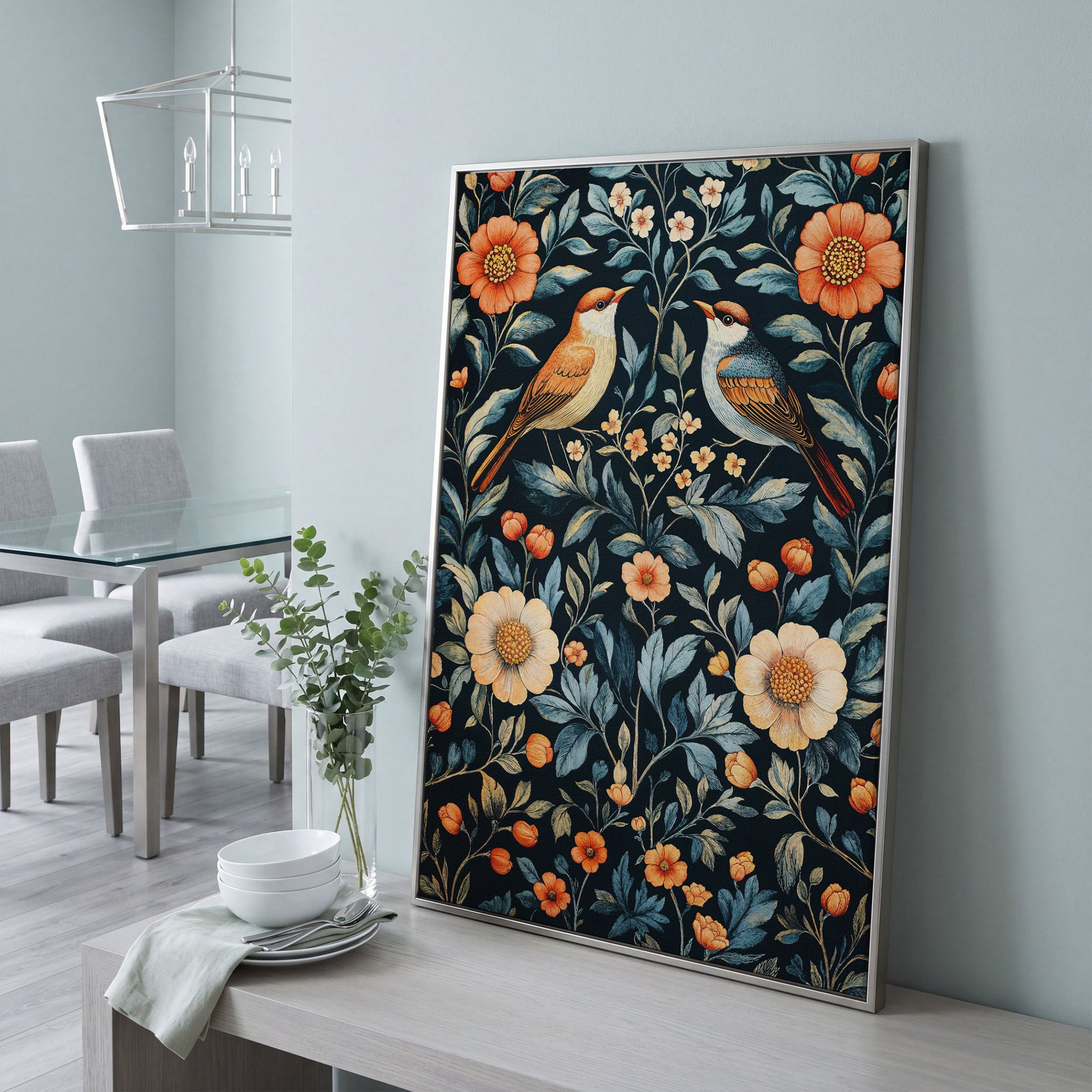 William Morris Bird & Floral Canvas Print in silver floating frame