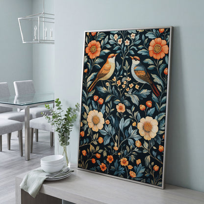 William Morris Bird & Floral Canvas Print in silver floating frame