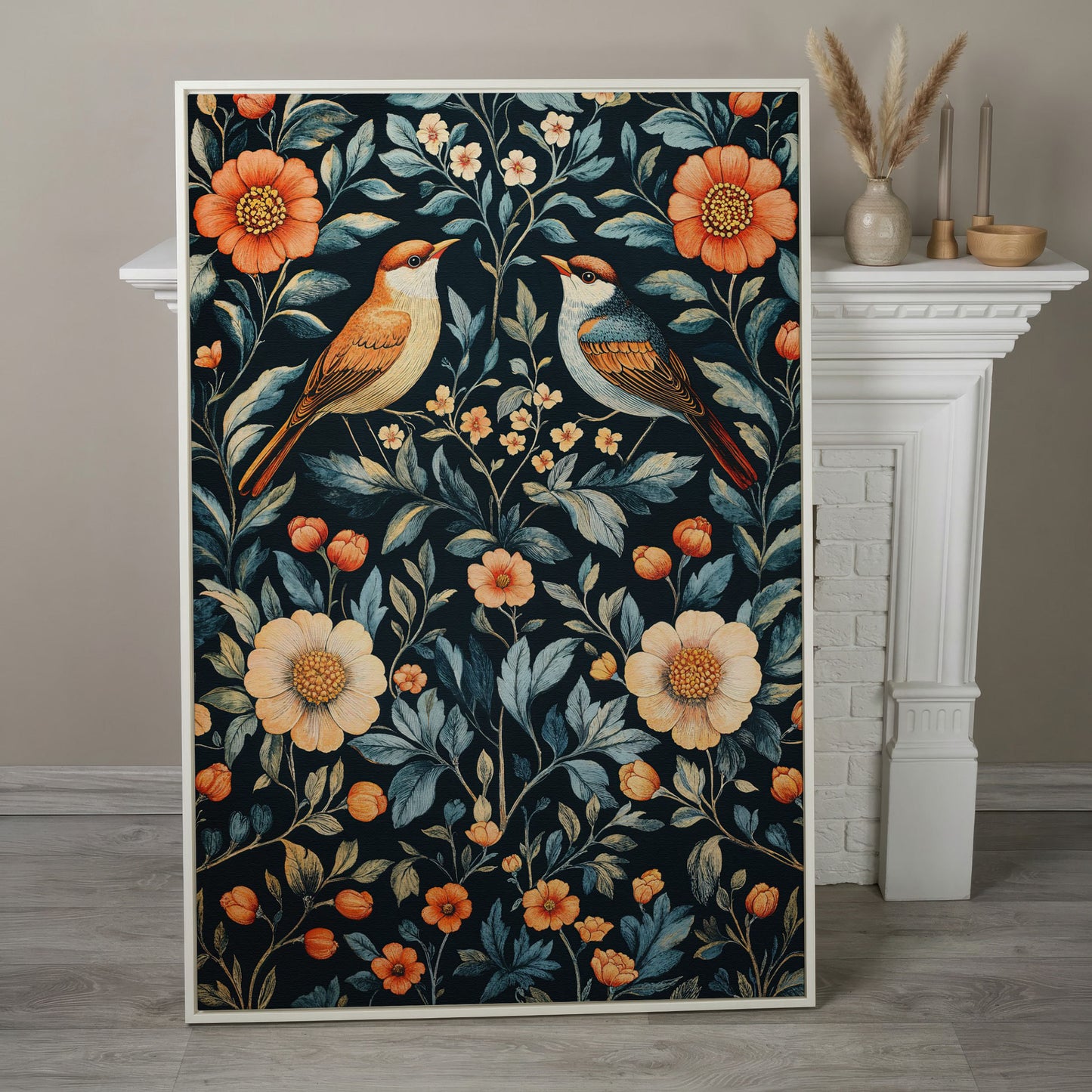William Morris Bird & Floral Canvas Print in white floating frame